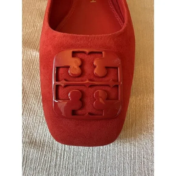 NEW ish Tory Burch Georgia Square Toe Silk Suede Triple Red Ballet Flat Sz 9 Box - Picture 8 of 16